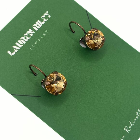 Handcrafted Light Brown/Dark Champagne Swarovski Crystal Drop Earrings - Copper - Picture 4 of 4